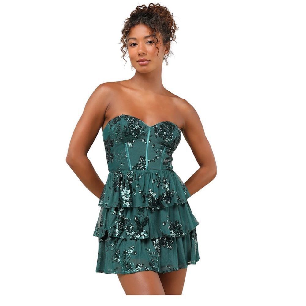 Lulus Definite Glamour Emerald Mesh Sequin Bustier Tiered Mini Dress NWT